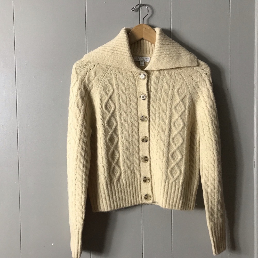 J CREW IVORY WOOL BLEND CABLE KNIT COLLARED CARDIGAN SWEATER WOMENS SIZE XS